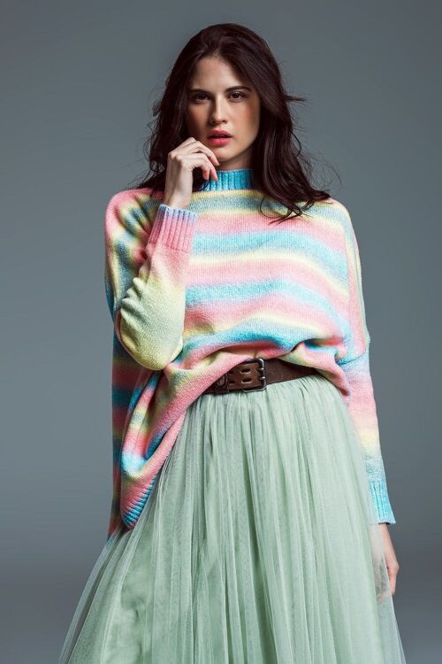 Oversized Multicolor High Necke Sweater With Side Slits