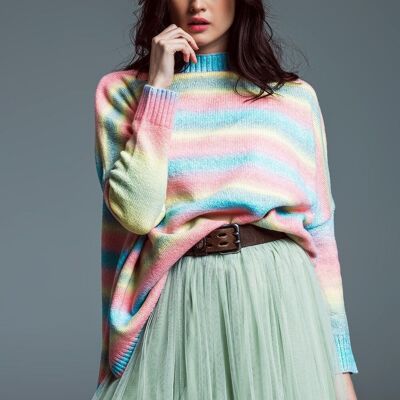 Oversized Multicolor High Necke Sweater With Side Slits