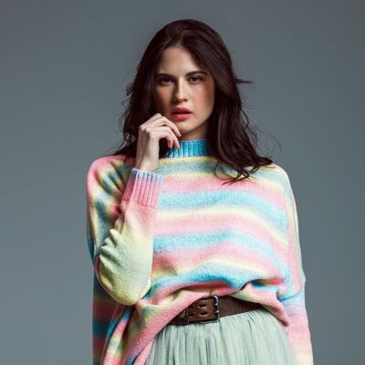 Oversized Multicolor High Necke Sweater With Side Slits
