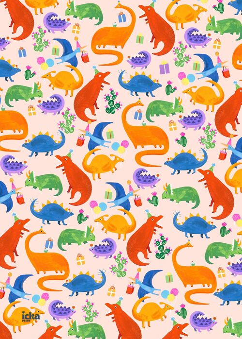 W-0011 Dinosaur Wrapping Paper Pink