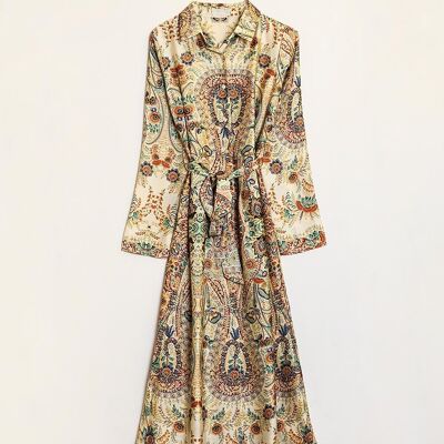 Satin print maxi shirt dress in beige