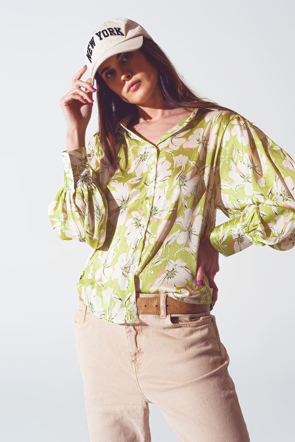 Camicia in chiffon con stampa floreale in verde