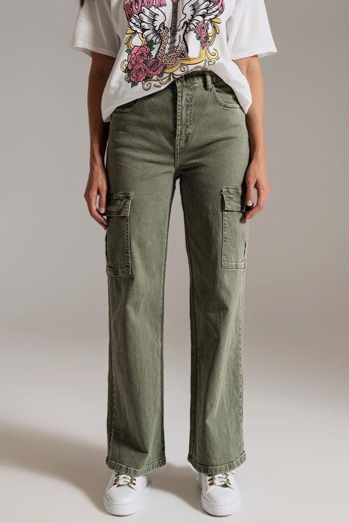 Straight Leg Cargo Jeans in Olive Green