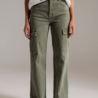 Straight Leg Cargo Jeans in Olive Green