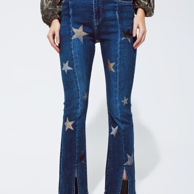 Jeans Acampanados con Detalle de Estrellas Brillantes en Azul