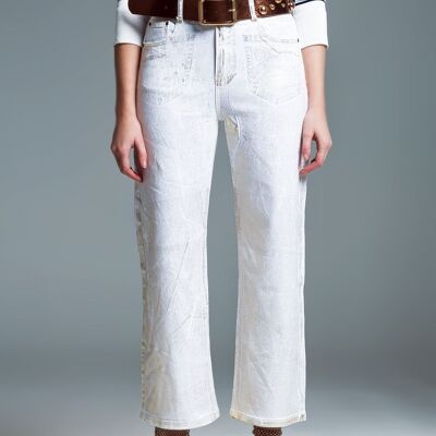 White Wide Leg Jeans With Metallic Finish In Gold