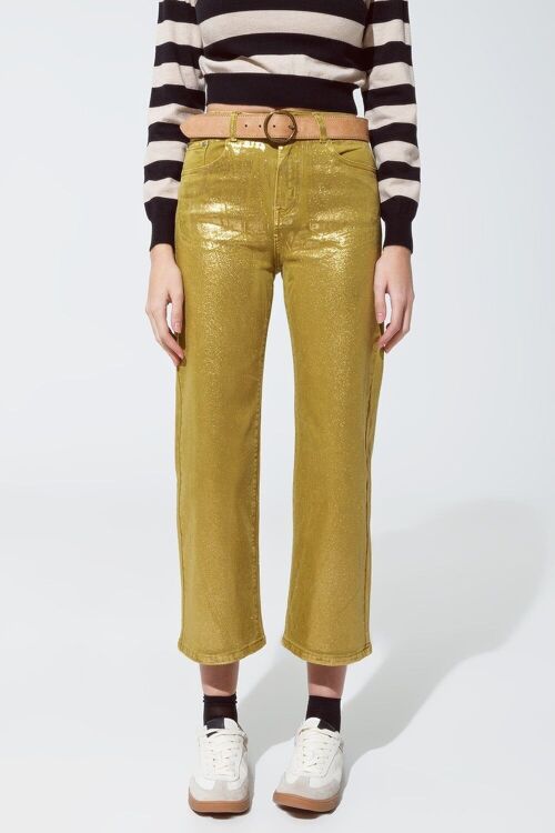 Green straight leg jeans with gold metallic glow