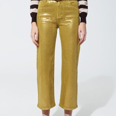 Grüne Jeans mit geradem Bein und goldenem Metallic-Glanz