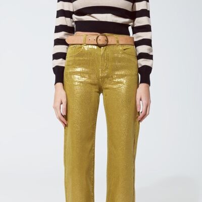 Grüne Jeans mit geradem Bein und goldenem Metallic-Glanz