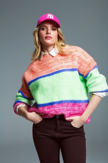Pull multicolore à col rond et rayures 1