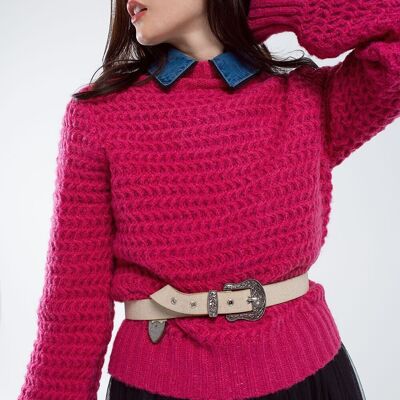 Waffle Knit Relaxed jumper With High Neck in Red