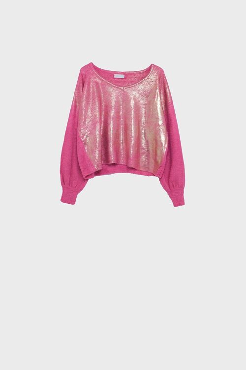 Pink sweater with wide V neck and metallic glow