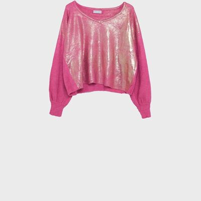 Rosafarbener Pullover mit weitem V-Ausschnitt und metallischem Glanz