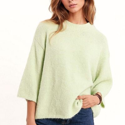 Relaxed Sweater With 3/4 Sleeve and Crew Neck in Green