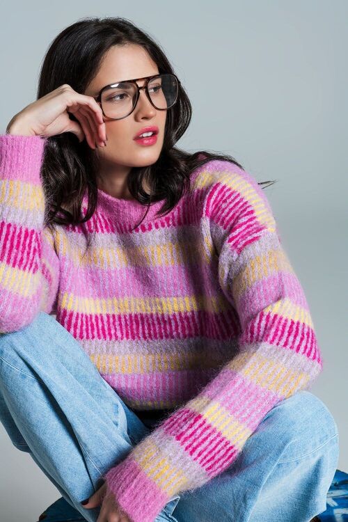Relaxed Horizontal Stripe Sweater in Pink Fuchsia and Yellow
