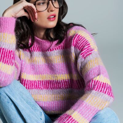 Relaxed Horizontal Stripe Sweater in Pink Fuchsia and Yellow