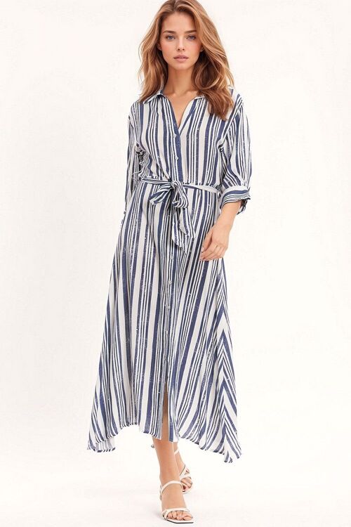 Striped Maxi Shirt Dress With 3/4 Sleeve and Belt in Blue and White