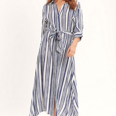Striped Maxi Shirt Dress With 3/4 Sleeve and Belt in Blue and White