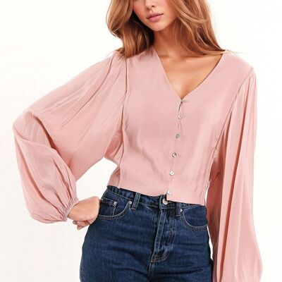 V-neck Cropped Shirt With Super Voluminous Sleeves in Pink