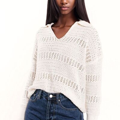 Crochet Knitted Jumper In V-neck With Polo Collar in White