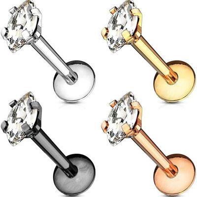 Monroe Labret Piercing Set in 316 L Surgical Steel and Zirconium Oxide - Zircon Marquise - Different Finish Stem - Set of 4 Labrets