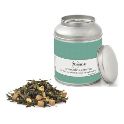 Sencha Green Tea in Leaf and Almonds - 90 Gr | Green Sencha Almonds, Caramel, Ginger | Blend of Green Tea, Almonds, Spices in Metal Tin