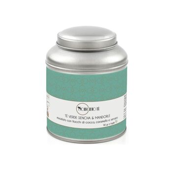 Thé vert Sencha en feuilles et amandes - 90 Gr | Amandes vertes Sencha, caramel, gingembre | Mélange de thé vert, amandes et épices dans une boîte métallique 2