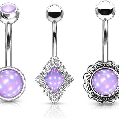 Set of 3 Navel Piercings in 316 L Surgical Steel and Epoxy - Each Piercing has a Different Decor