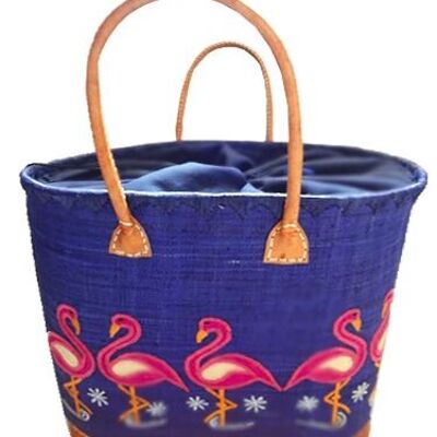 Cesta rabane GM “Flamingos” con motivos bordados en azul marino