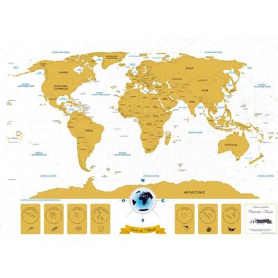 Weltkarte zum Rubbeln, französische Sprache, hergestellt in Frankreich