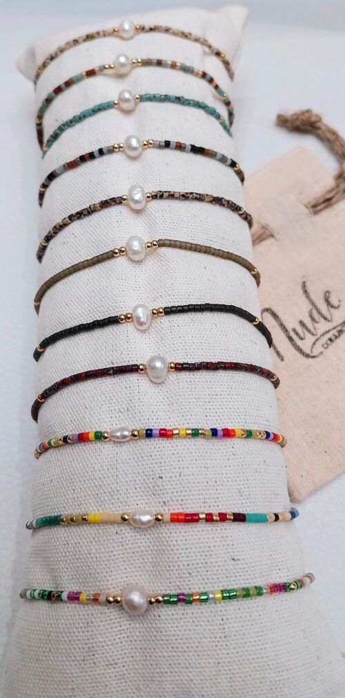 LOT de 12 bracelets assortis élastiques perles Miokis et perle de culture centrale