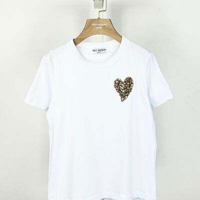 T-shirt da bambina in cotone con cuore di paillettes