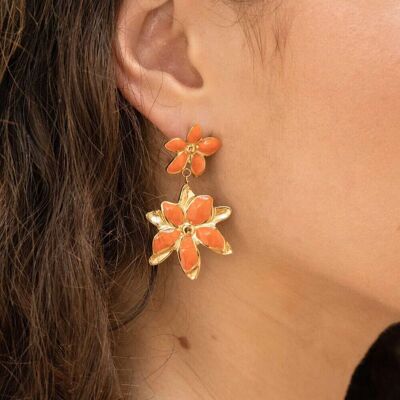 Magnolia dangling earrings - double flower with enameled petals