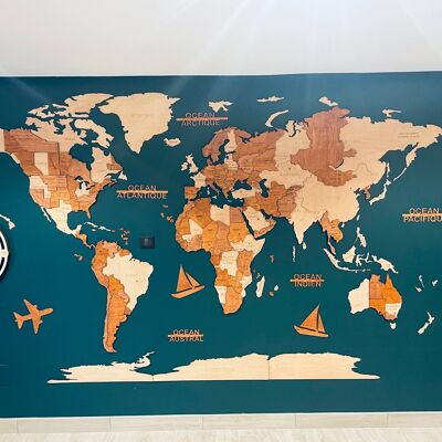 Carte du monde en bois langue française - Fabrication Française - Taille M 150 x 90 cm ou L 180 x 110 cm