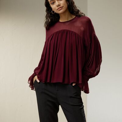 Blouse with semi-sheer shoulders and ruffles