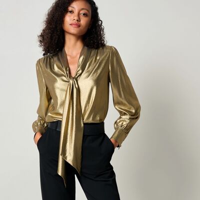 LILYSHEENA® Elegante blusa de seda color bronce con pajarita