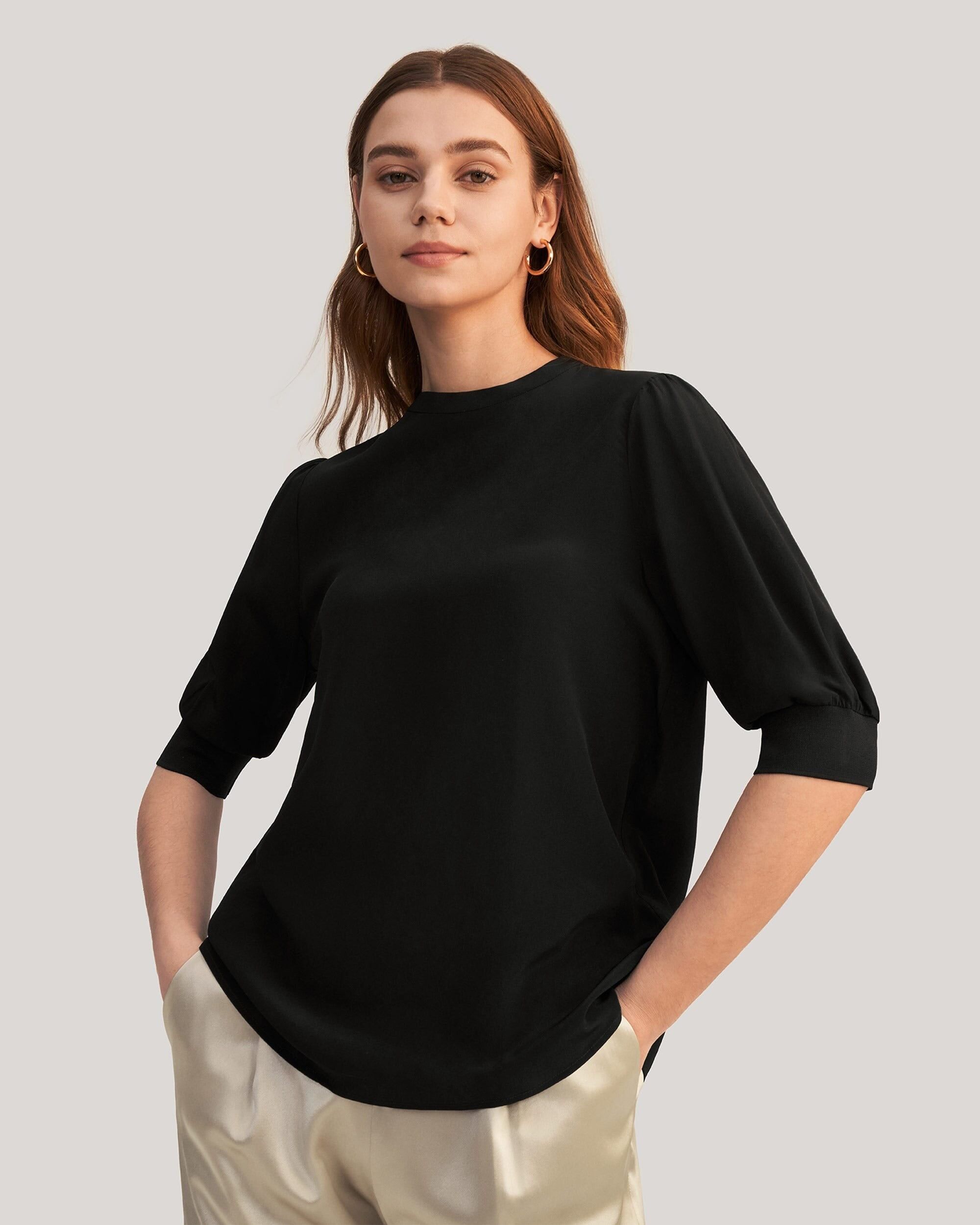 Elegantes Lässiges Seiden-T-Shirt mit Ripp-Bündchen