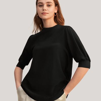Elegant casual silk T-shirt with ribbed cuffs