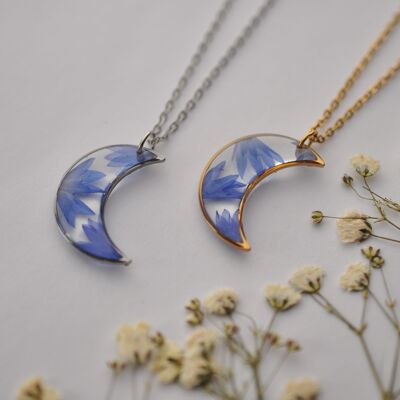 Crescent moon and pressed cornflower necklace