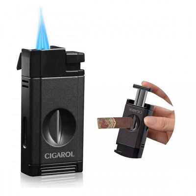 310080 Encendedor de cigarros negro con llama de doble chorro y cortador V-Cut