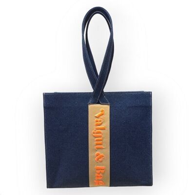Aiko handbag in denim with Napa detail and Fluorescent Orange Embroidery with central shopping-type handles