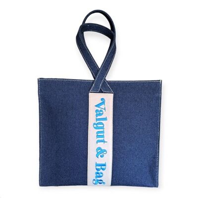 Aiko-Handtasche aus Denim mit Napa-Detail und blauer Stickerei mit zentralen Einkaufsgriffen