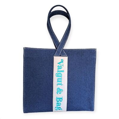 Aiko handbag in denim with Napa detail and Turquoise Blue Embroidery with central shopping-type handles