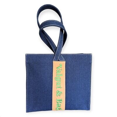 Aiko handbag in denim with Napa detail and Basil Green Embroidery with central shopping-type handles