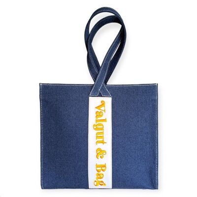 Aiko-Handtasche aus Denim mit Napa-Detail und Yema-Gelb-Stickerei mit zentralen Einkaufsgriffen