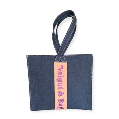 Aiko handbag in denim with Napa detail and Violet Embroidery with central shopping-type handles