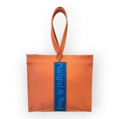 Aiko handbag in Quisquilla-colored cowhide leather and denim with blue embroidery with central shopping-type handles