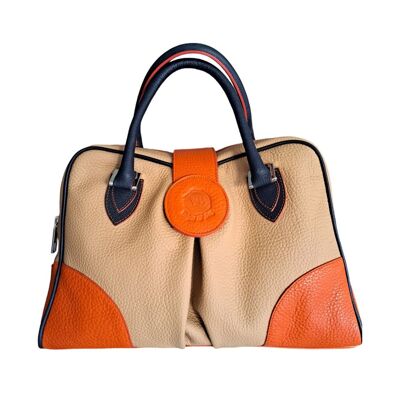 Bolso de mano Allegra en piel vacuna en color beige, naranja y azul noche