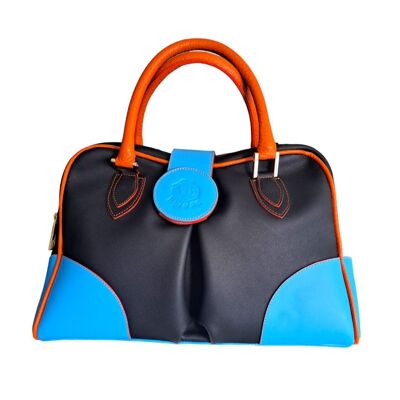 Allegra cowhide handbag in black, turquoise and orange