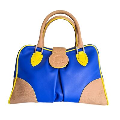 Allegra-Handtasche aus beigem, blauem und gelbem Rindsleder